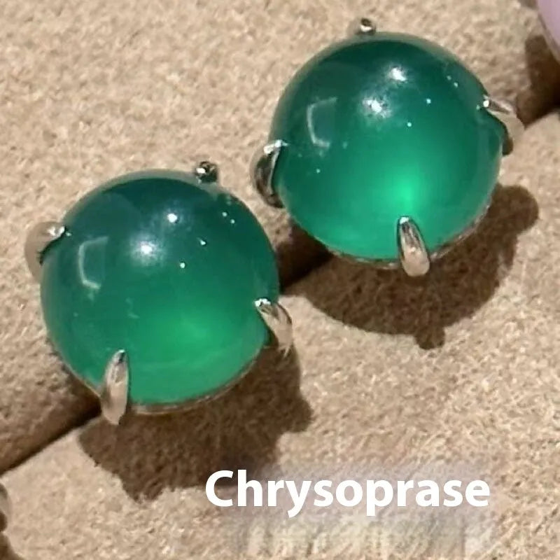 Round egg surface chalcedony earrings with four claw copper setting in three colour options