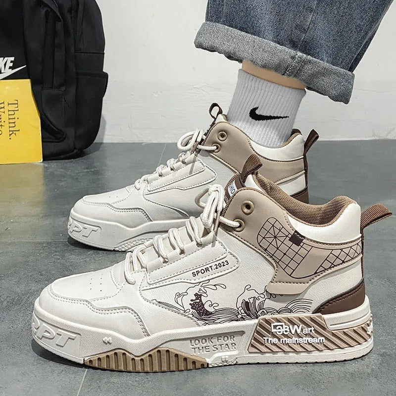 Men's beige board shoes with lace-up front and high-top design on flat rubber soles