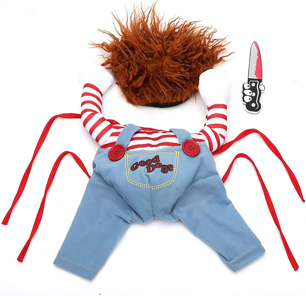 Striped Halloween costume set for a dog, showing harness with prop knife and matching pants on a sizing chart.