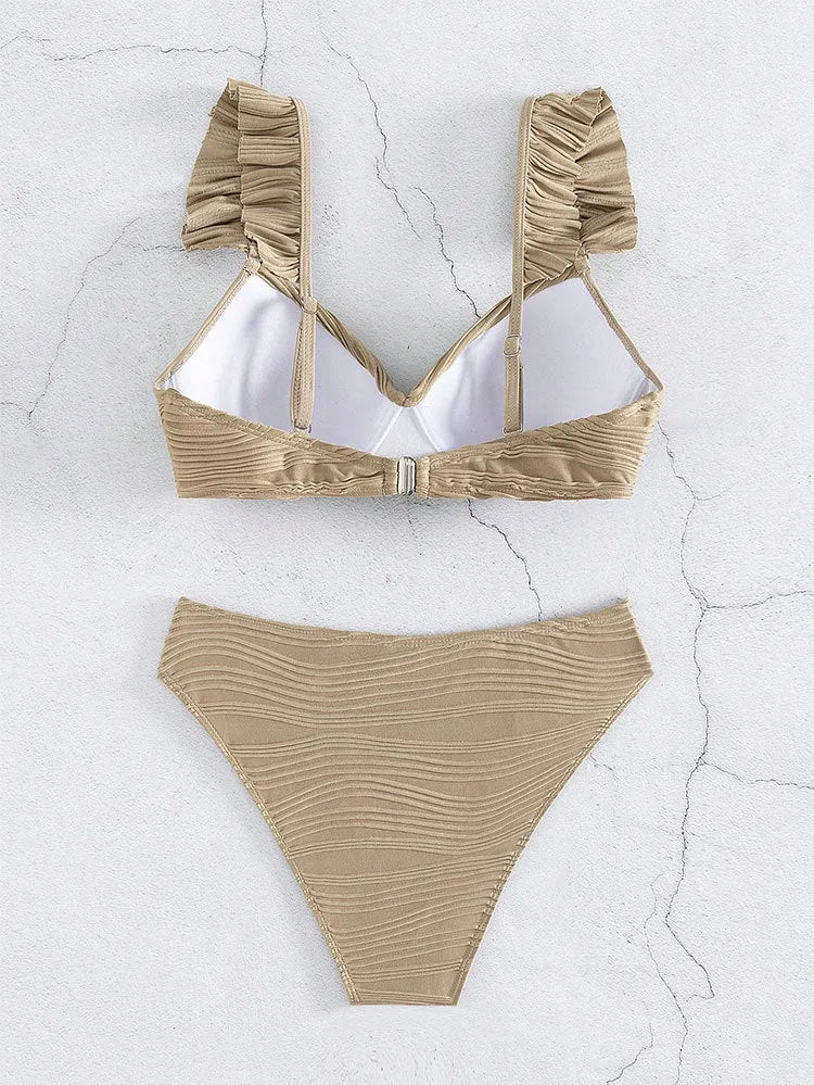 Solid colour women's polyester bikini set in black or khaki options
