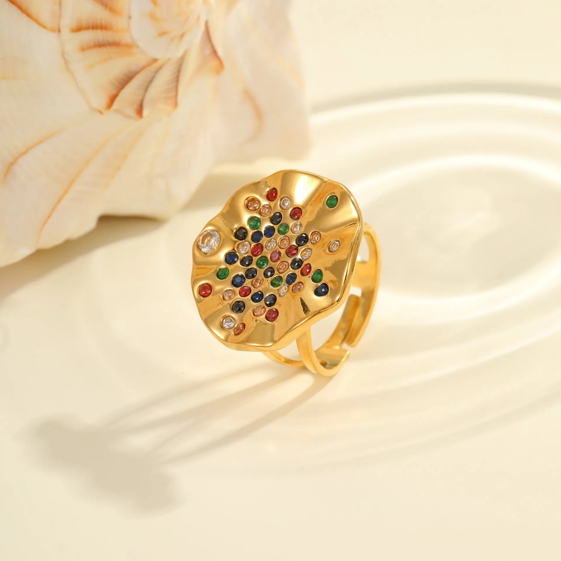 Geometric stainless steel ring with colour crystal inlays and open mouth design