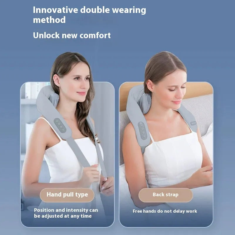 Grey elastic fabric portable massager with USB charging cable for neck back and waist infrared physiotherapy