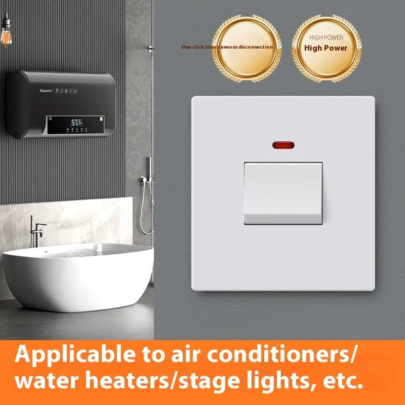 Gold, grey, or white coloured industrial switch with light panel for 25A or 45A high-current circuits.