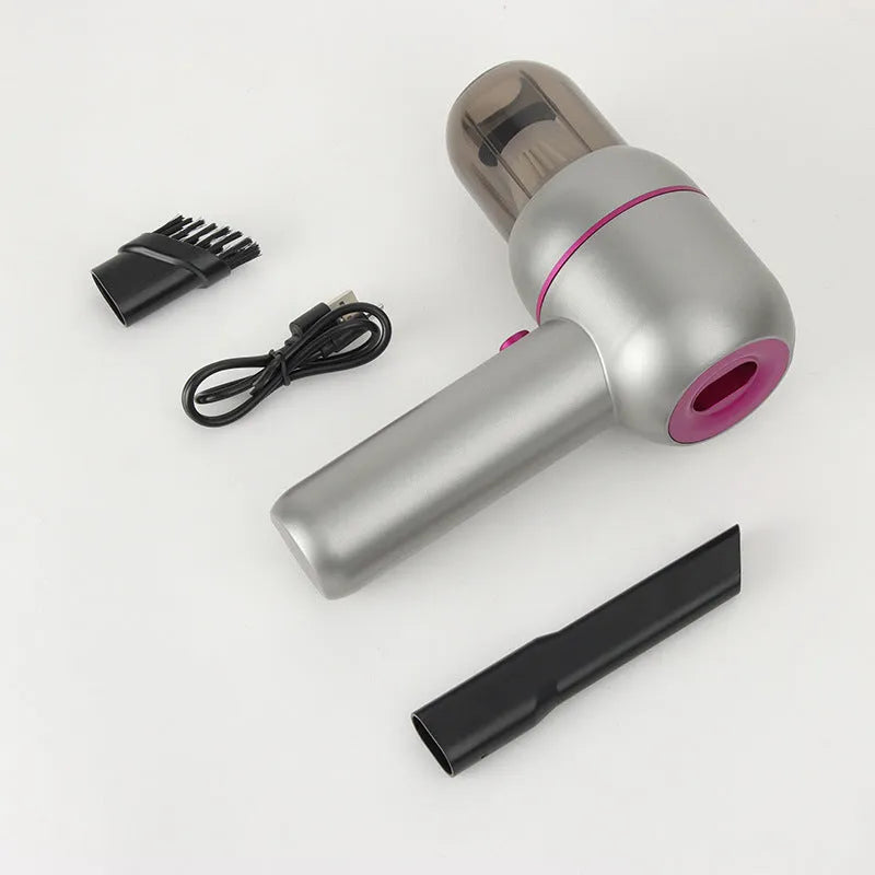 Grey XC-06 portable handheld car cleaner with attachments including brush nozzle and dust collection bin