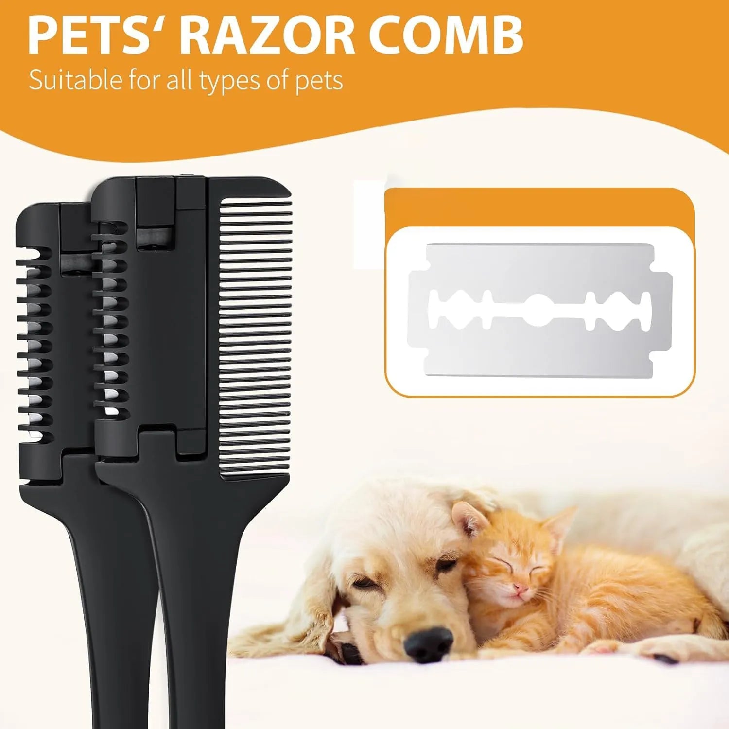 Dog cat razor comb grooming tool with comb teeth and razor blades for detangling and trimming pet hair