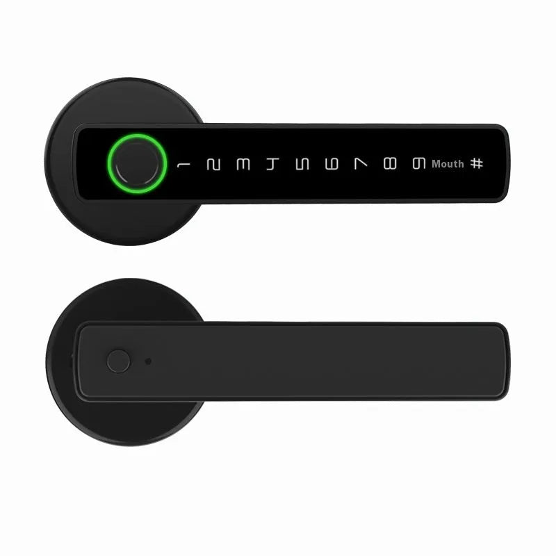 Black smart door lock with fingerprint scanner and credit card-style doodle board for wooden interior doors