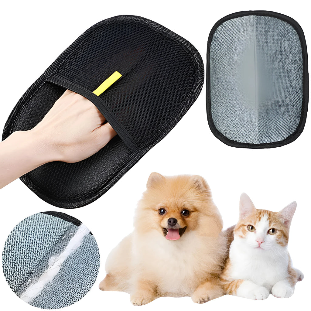 Black pet hair remover mitt with silicone bristles for dog and cat grooming