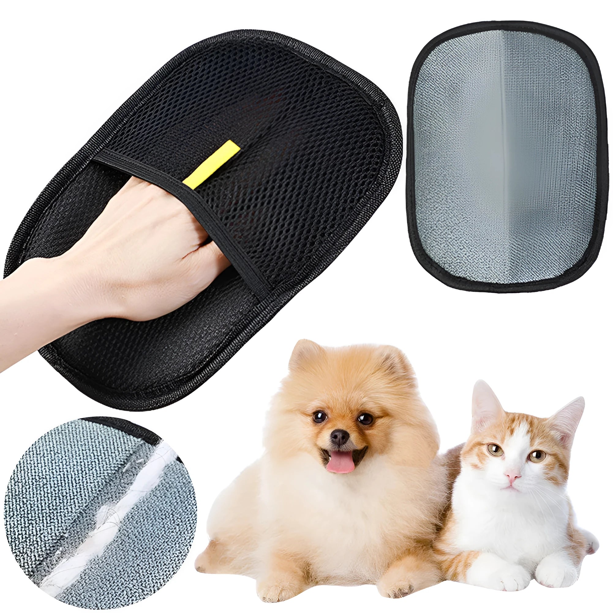 Black pet hair remover mitt with silicone bristles for dog and cat grooming