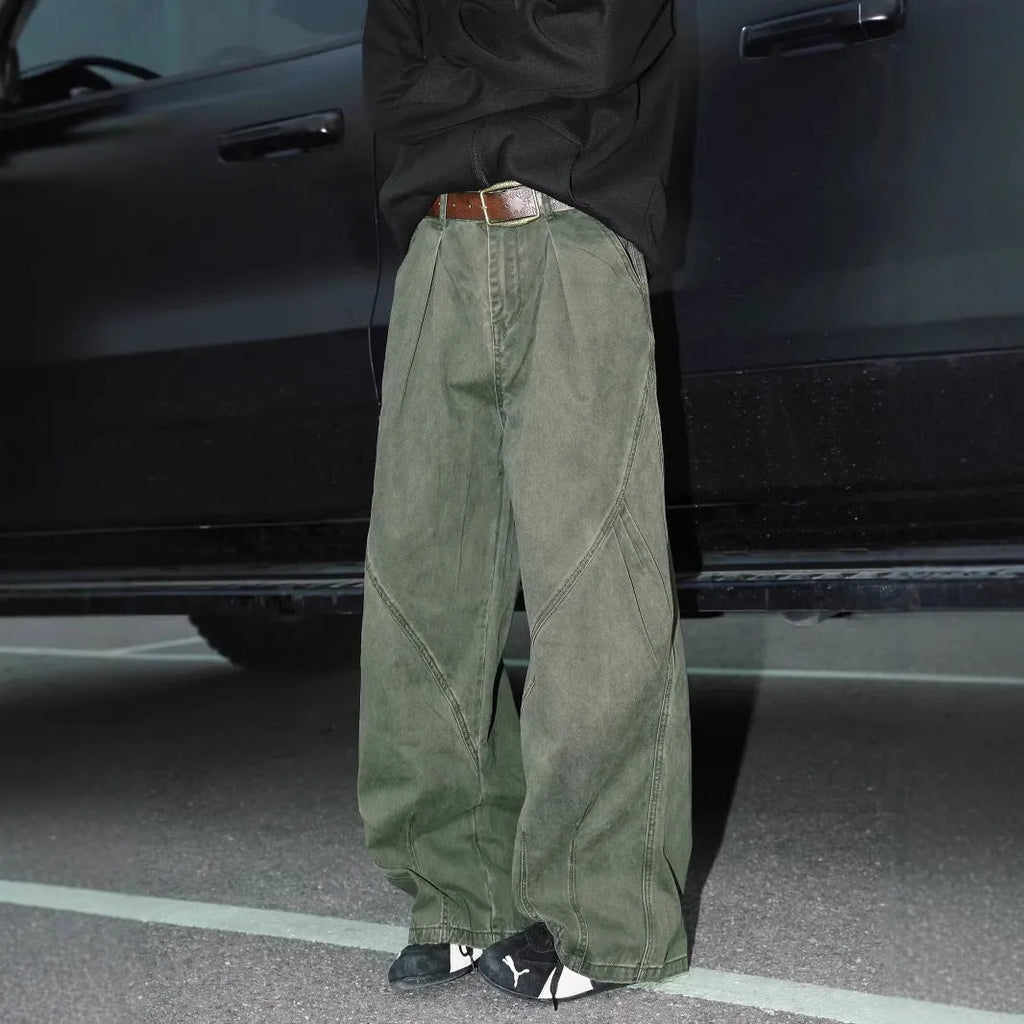 Men's loose-fit pleated trousers in a striped pattern, shown in apricot colour with a straight leg.