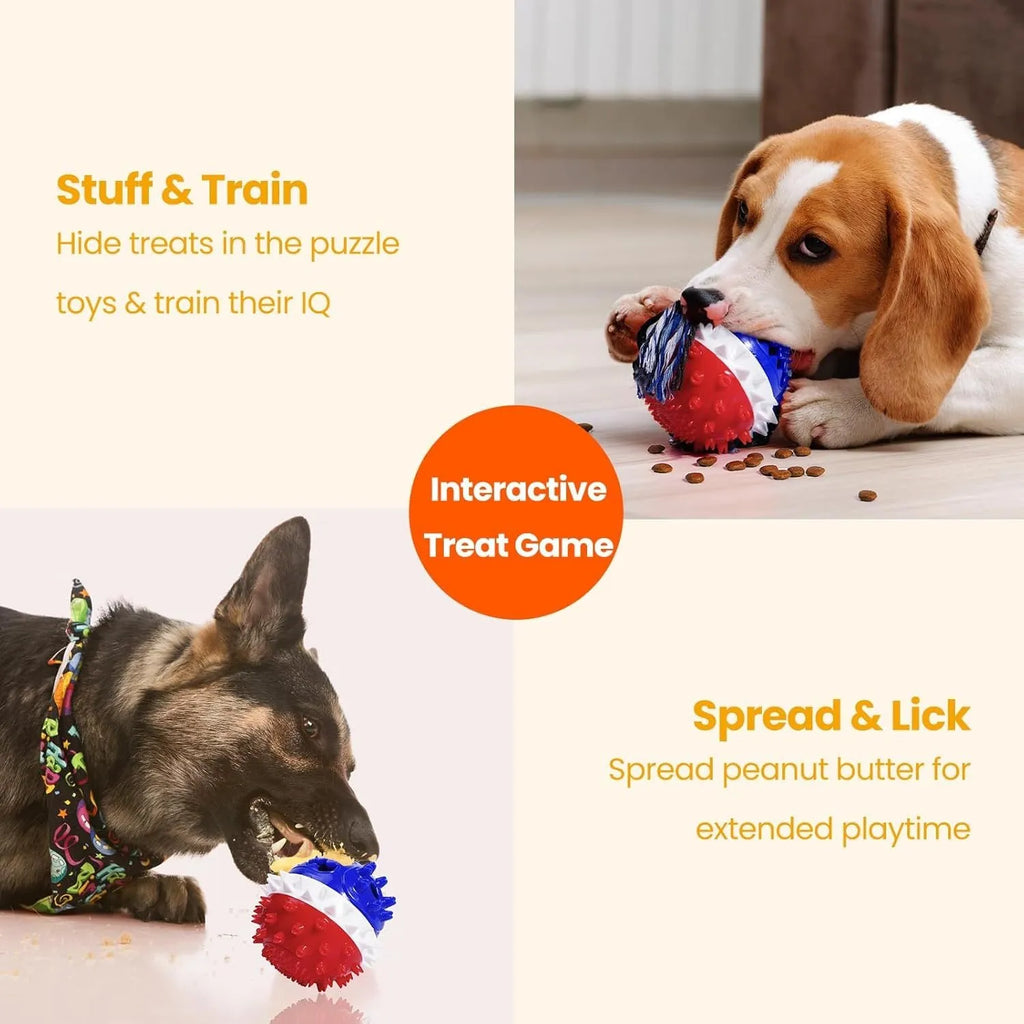 Blue TPR rubber dog chew toy with treat dispenser hole and squeaker for large breed dogs