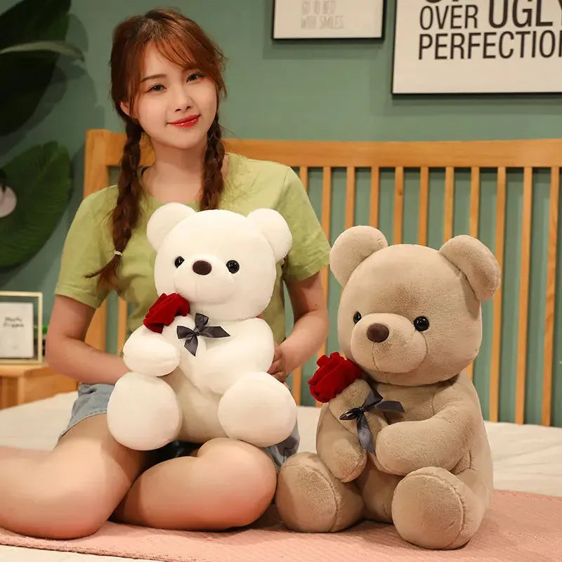 Soft plush rose bear teddy doll in beige, brown, or grey, shown in multiple size options.
