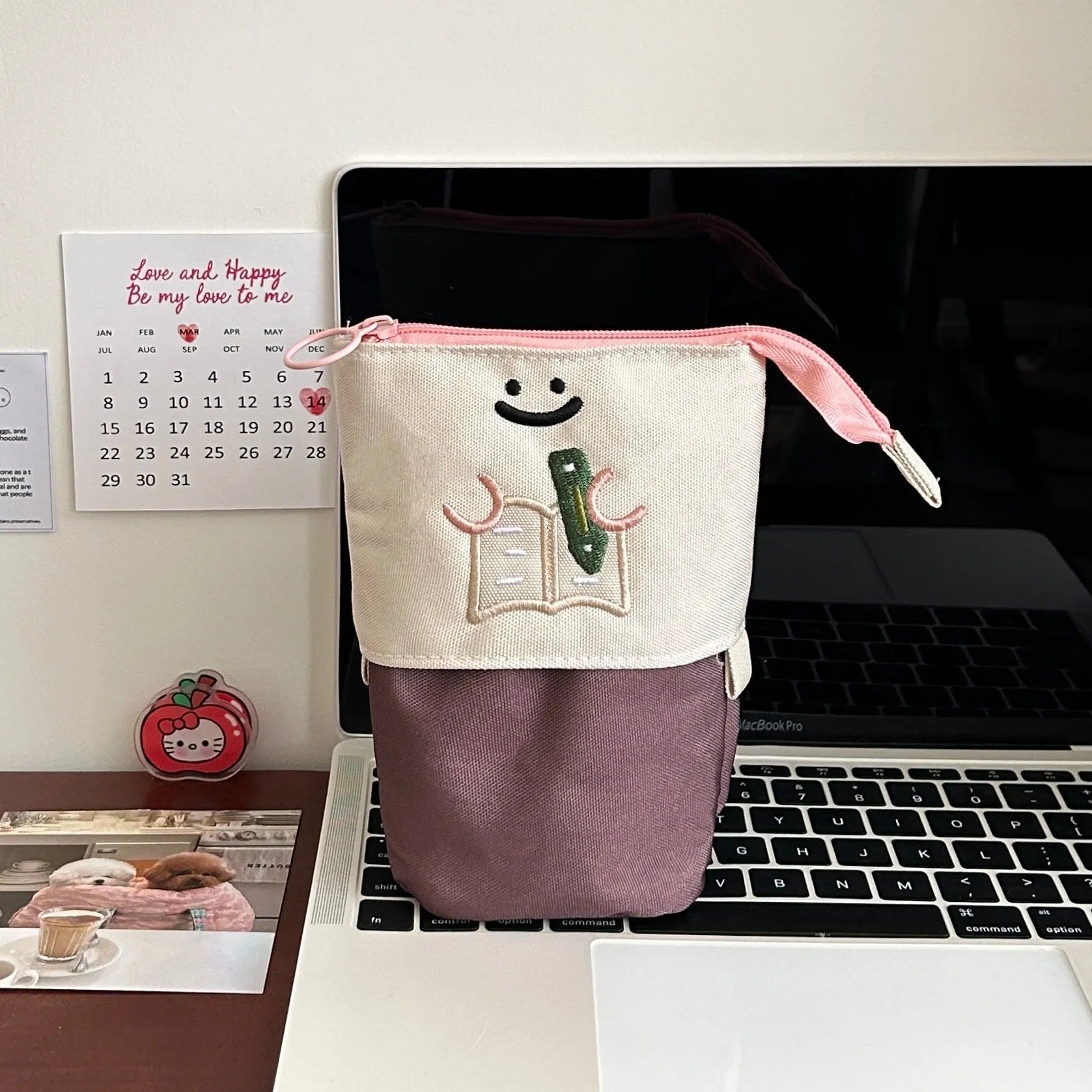 Cartoon printed collapsible pencil case in brown or green colour with zip closure