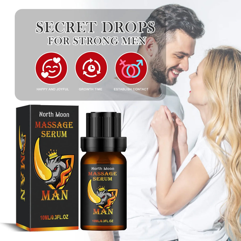 A 10ml glass bottle of men's endurance and vitality massage essential oil.