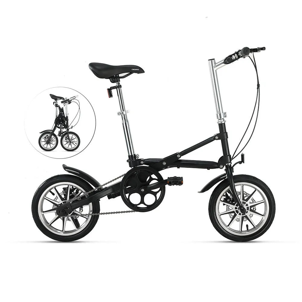 Matte black 14-inch one-second folding bicycle with dual disc brakes and carbon steel frame