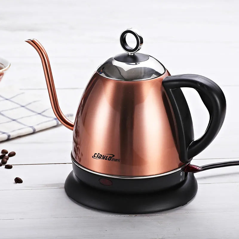 White, yellow, and gold stainless steel electric kettle with touch controls and 1-litre capacity.