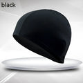 Black polyester cloth swimming cap for adult unisex use in pools and recreational swimming