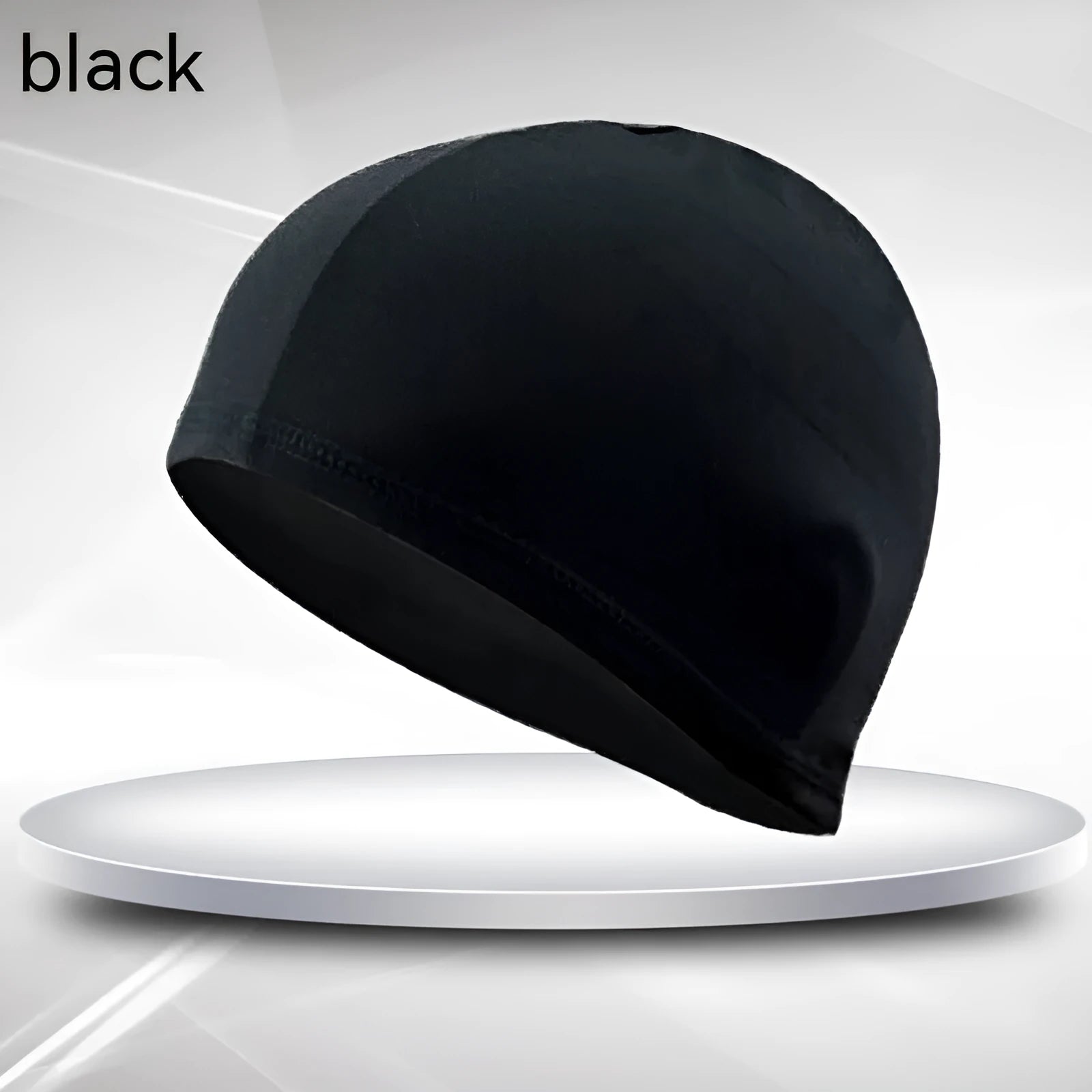 Black polyester cloth swimming cap for adult unisex use in pools and recreational swimming