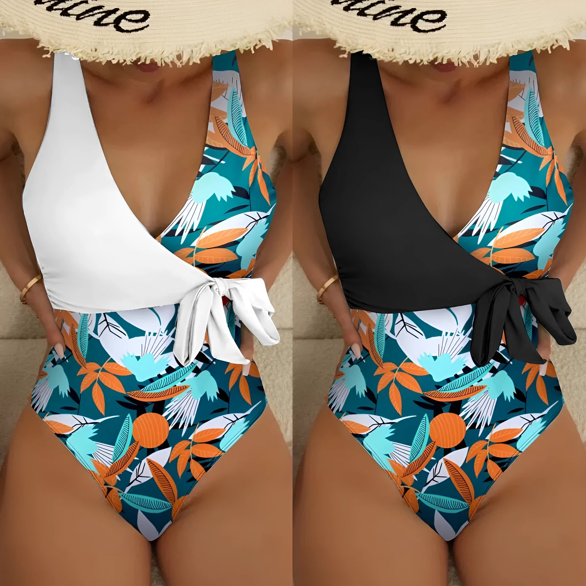 Women's high waist one-piece bikini swimsuit in printed polyester fabric
