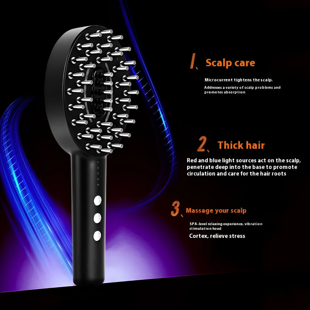 KD3802 Black handheld scalp vibration massage device with charging cable on a white background.
