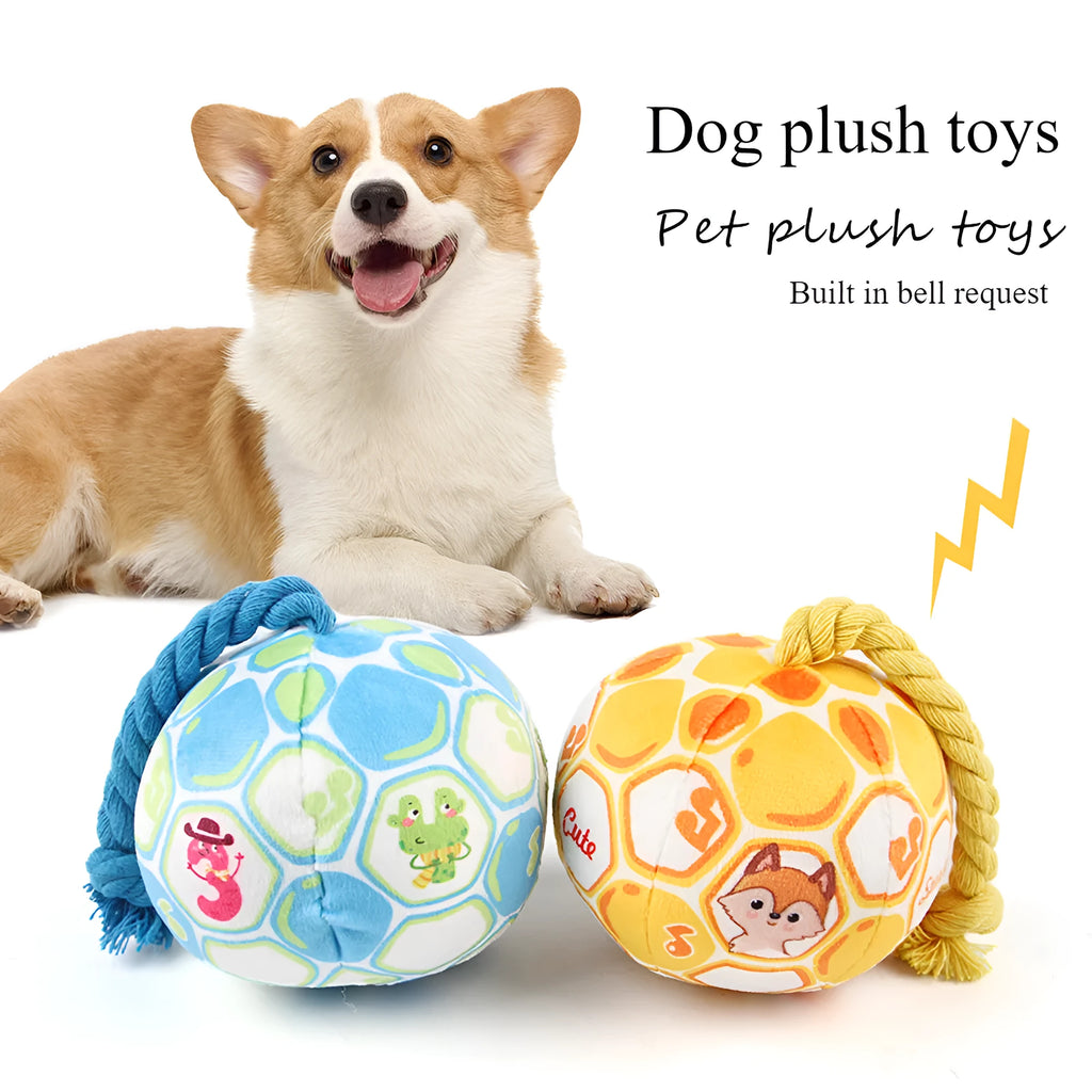 Blue and yellow elastic football dog toy with cotton rope construction for teeth grinding and interactive play