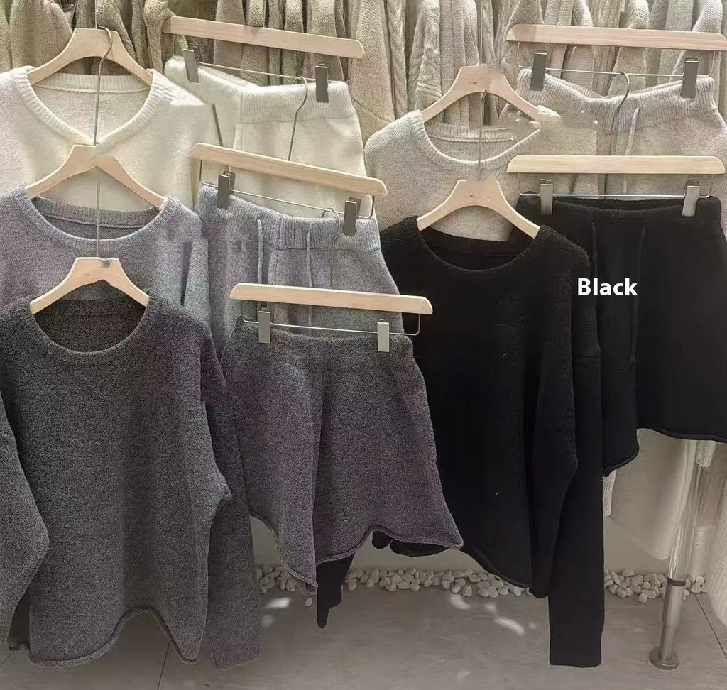 Womens loose-fitting long sleeve sweater with knitted wide leg shorts two-piece set in five colour options