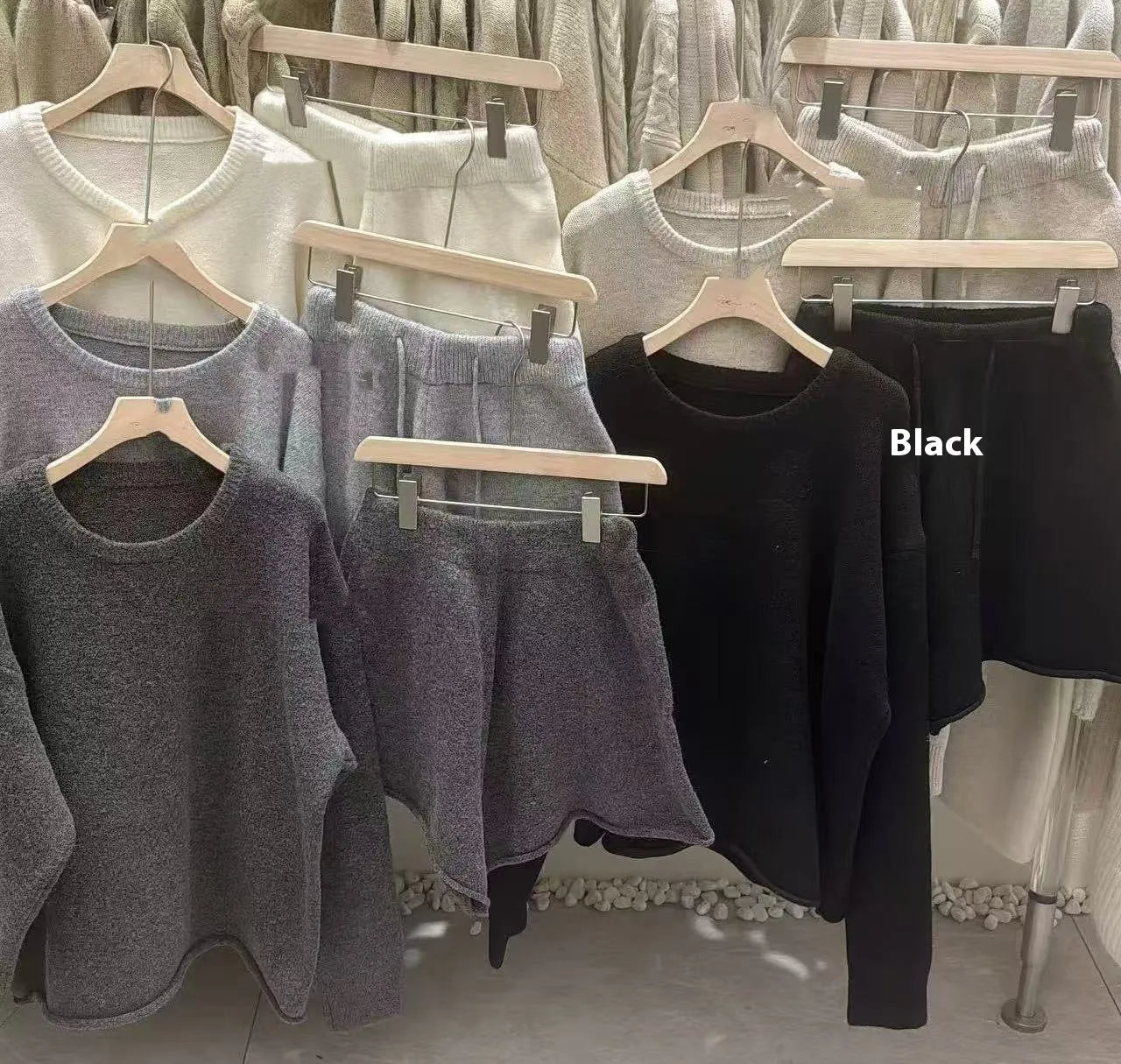 Womens loose-fitting long sleeve sweater with knitted wide leg shorts two-piece set in five colour options
