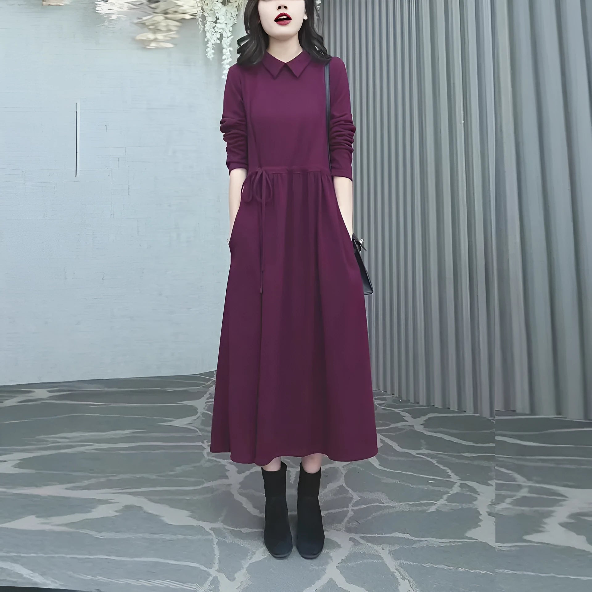 Purplish red women's plus size dress with long sleeves and skirt for autumn and winter commuting wear