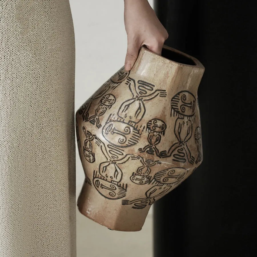 Hand-painted ceramic cylindrical vase with tribal totem floral patterns