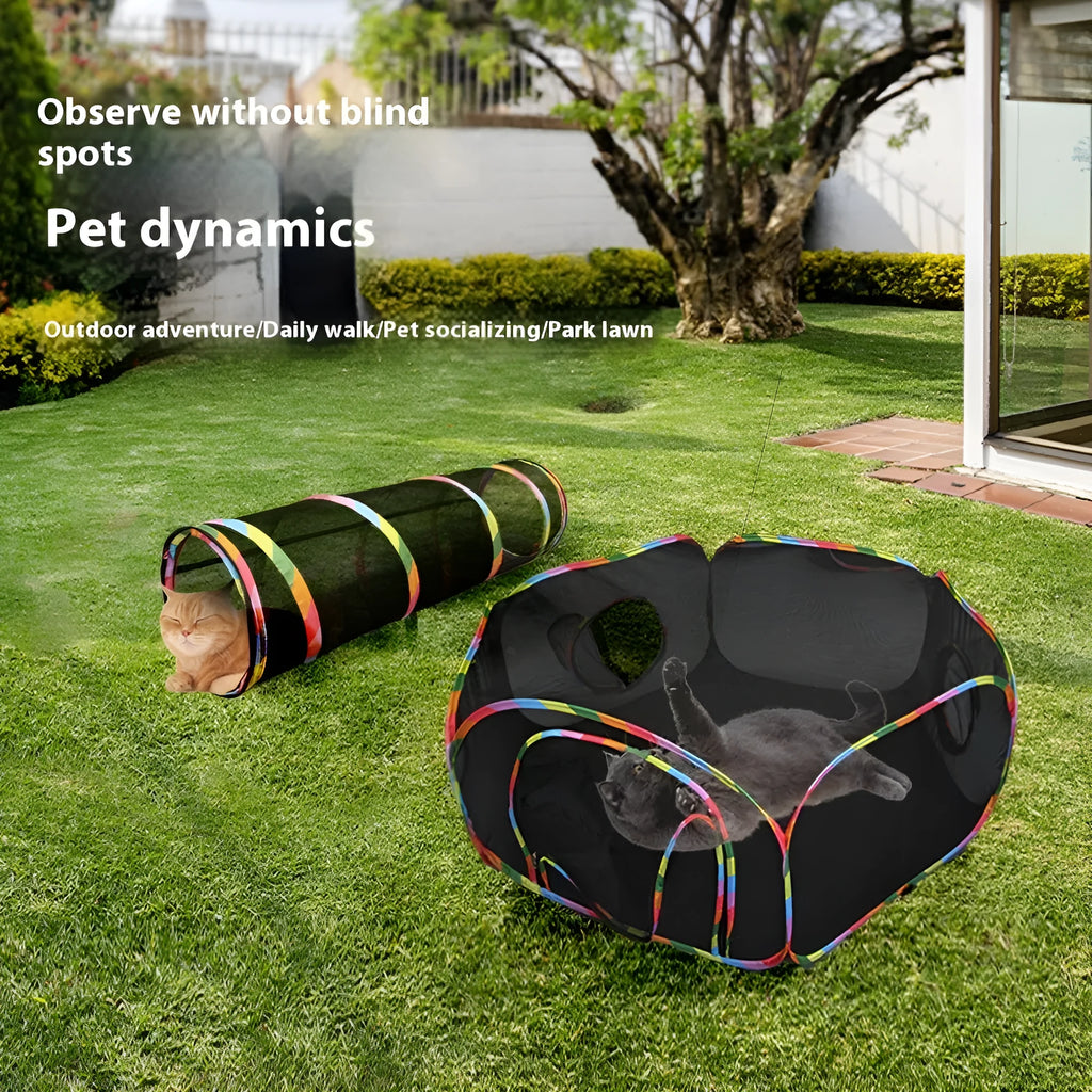 Foldable mesh cat play tunnel in multiple shapes including hexagonal, long straight, tee, tent and square designs