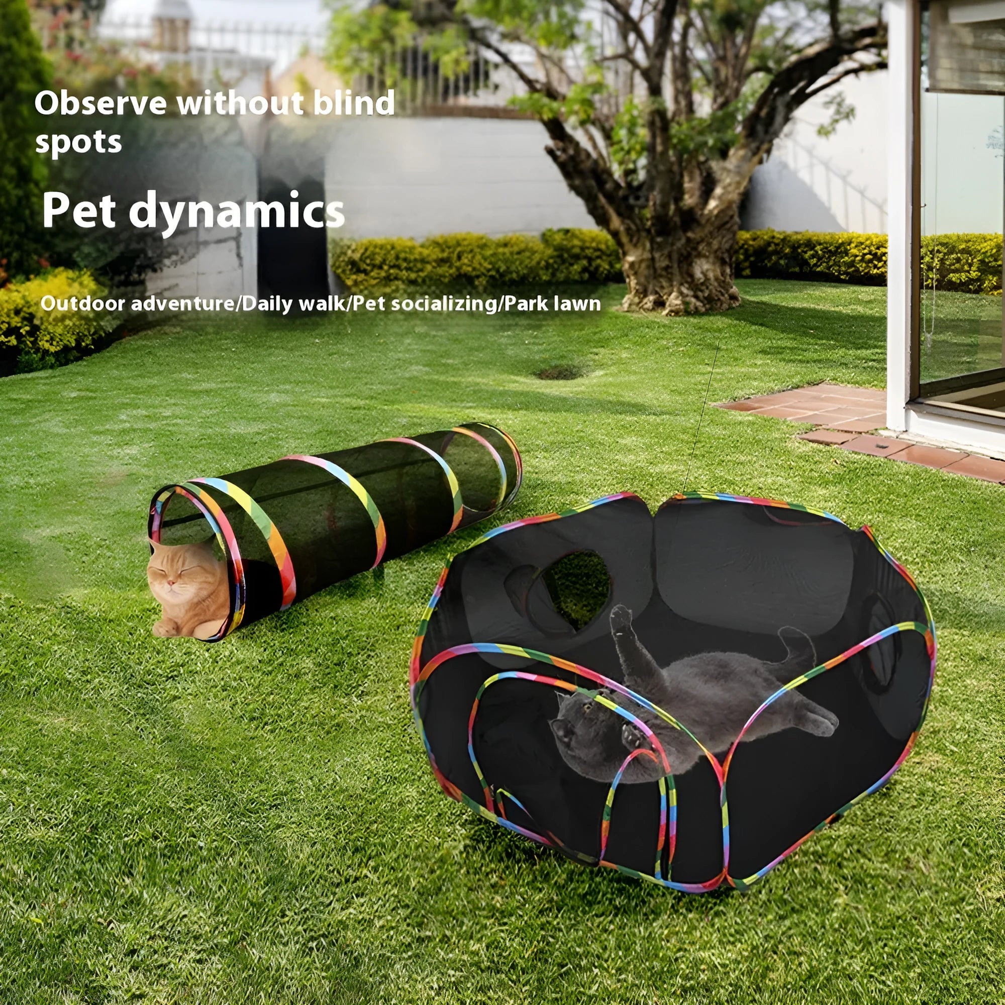 Foldable mesh cat play tunnel in multiple shapes including hexagonal, long straight, tee, tent and square designs