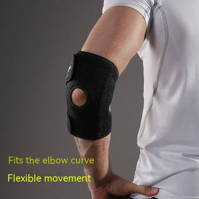 Black adjustable sports elbow guard for fitness training and outdoor activities like basketball and hiking.