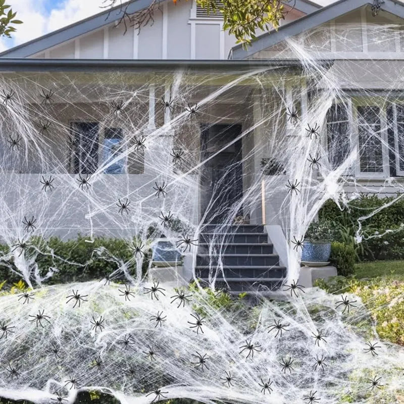 Halloween decoration bundle showing white cotton spiders in various pack sizes for haunted house props