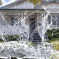 Halloween decoration bundle showing white cotton spiders in various pack sizes for haunted house props