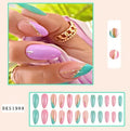 Wear Armour medium almond frosted nail stickers showing four designs: French colourful leaves, star flash macaron, gradient leopard print and colourful plating