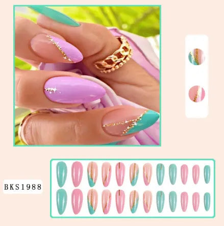 Wear Armour medium almond frosted nail stickers showing four designs: French colourful leaves, star flash macaron, gradient leopard print and colourful plating