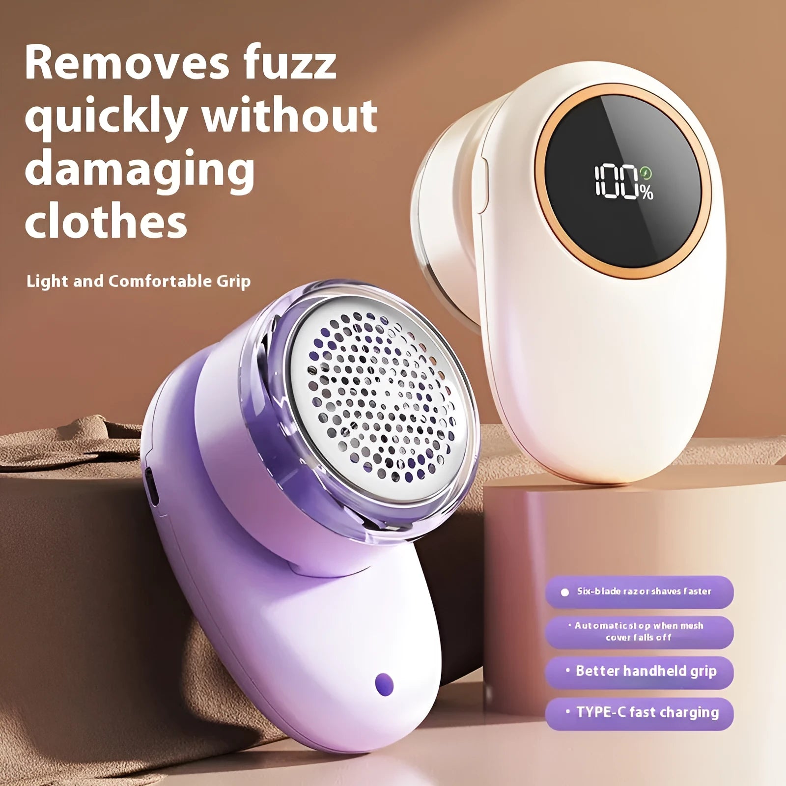 Digital fur ball trimmer with lint roller function in purple colour showing four cutter head configuration