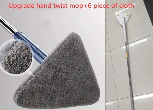 Extendable triangle mop with rotating blue head and stainless steel pole for cleaning corners and walls