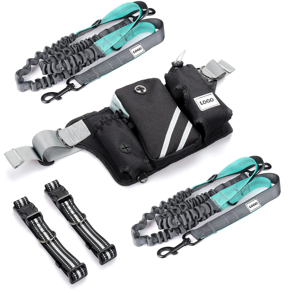 Black outdoor waist bag with dog leash and collar set for hands-free pet walking
