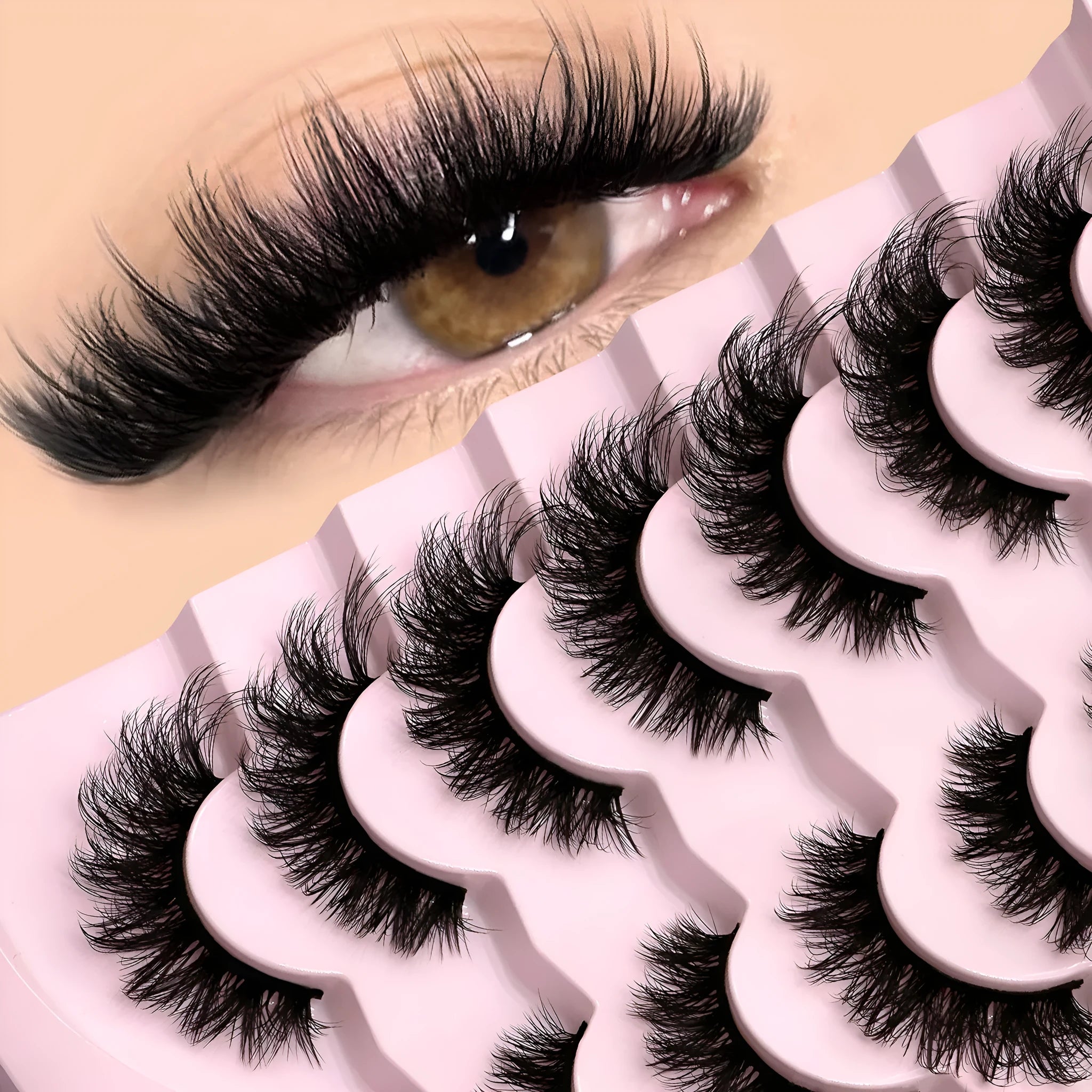 Box of natural false eyelashes with thick artificial fibre lashes and glue tube