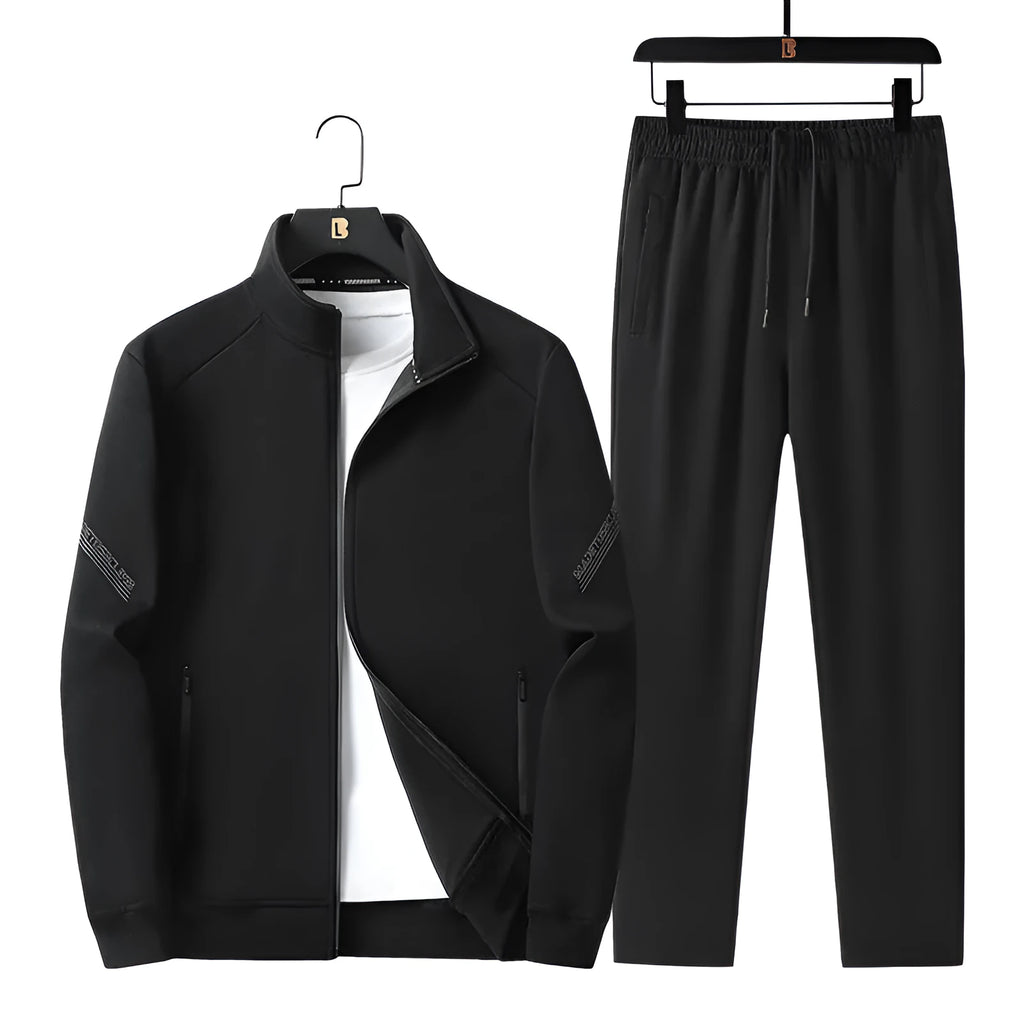 Men's plus size knitted cotton sports suit in black with long-sleeve jacket and trousers for outdoor spring autumn leisure