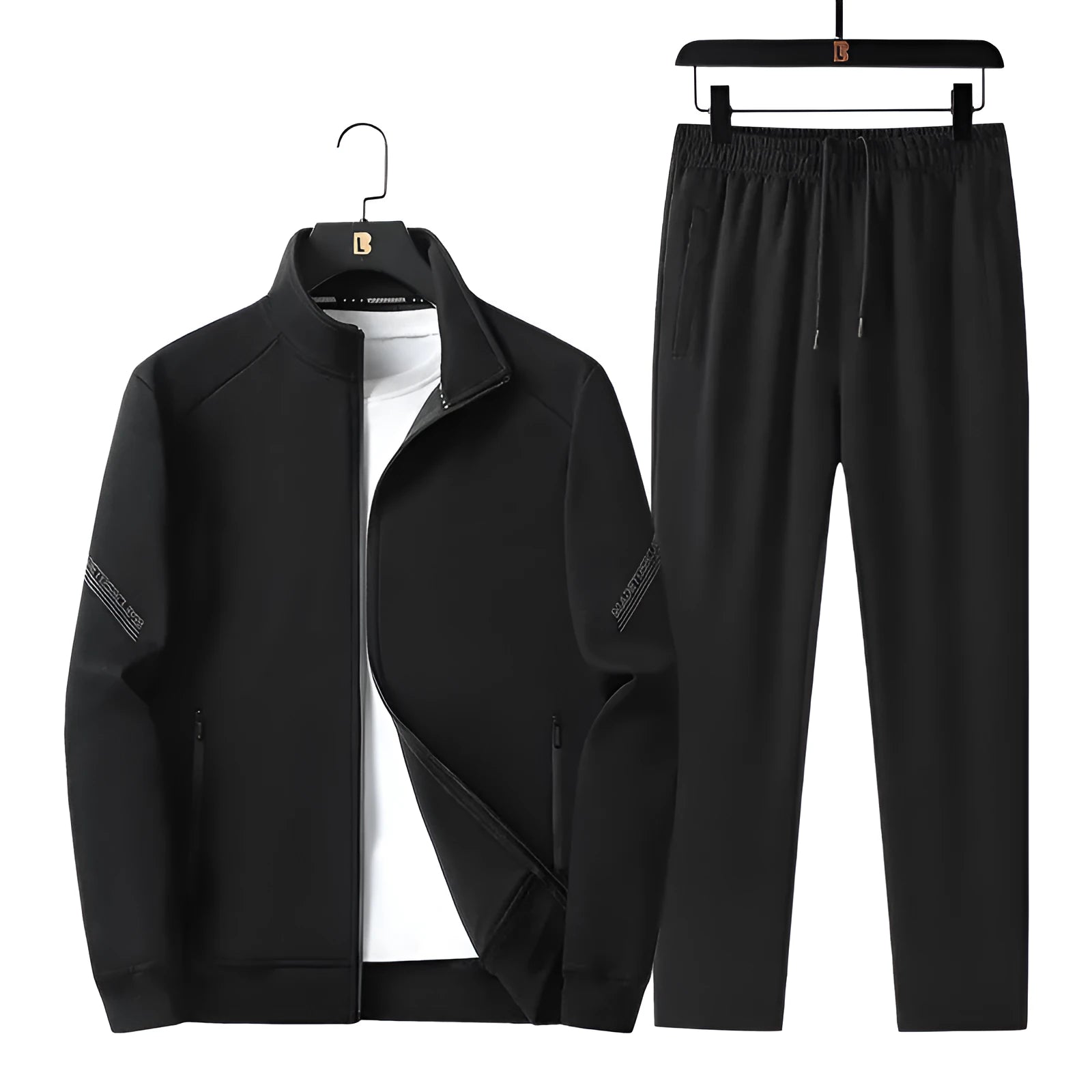 Men's plus size knitted cotton sports suit in black with long-sleeve jacket and trousers for outdoor spring autumn leisure