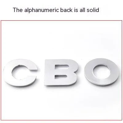 Metal zinc alloy car letter stickers showing dimensional 3D construction in black and silver finishes