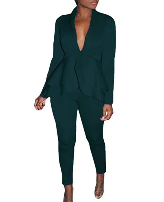 Ruffled sleeve business blazer and pencil trouser uniform set in polyester fabric
