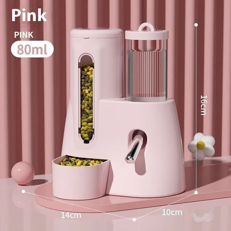 Hamster automatic drinking water feeder with integrated food basin in blue, pink, or white.