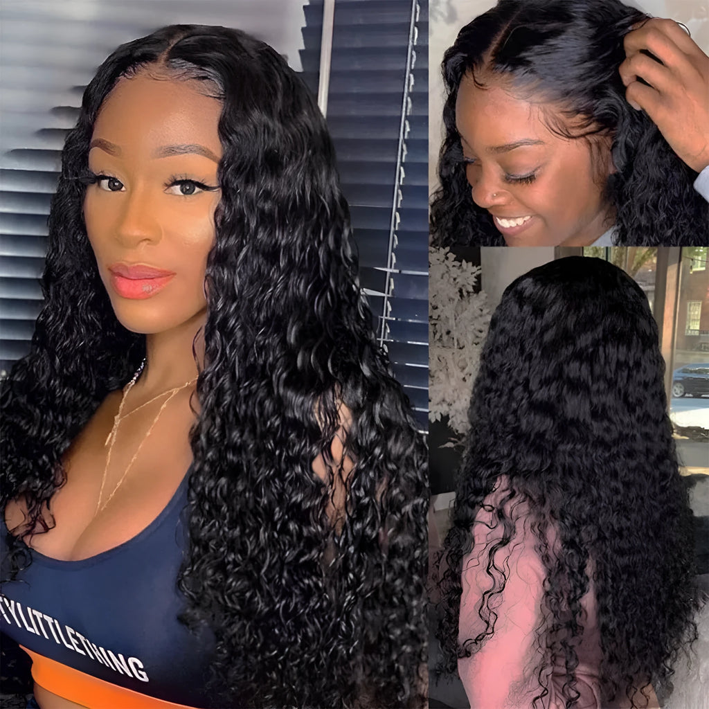 Curly human hair lace front wig in various lengths on a mannequin head, showing realistic hairline.