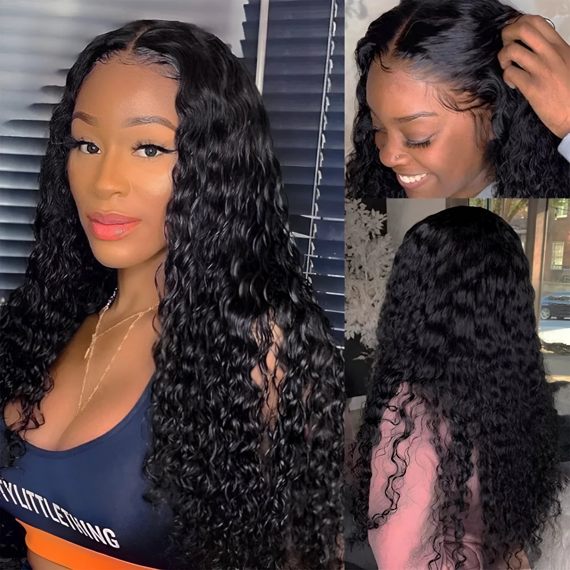 Curly human hair lace front wig in various lengths on a mannequin head, showing realistic hairline.