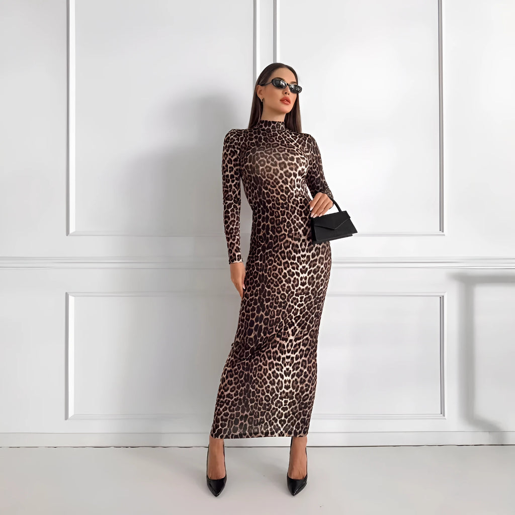 Leopard print women's long dress with stand collar and long sleeves in milk silk fabric.