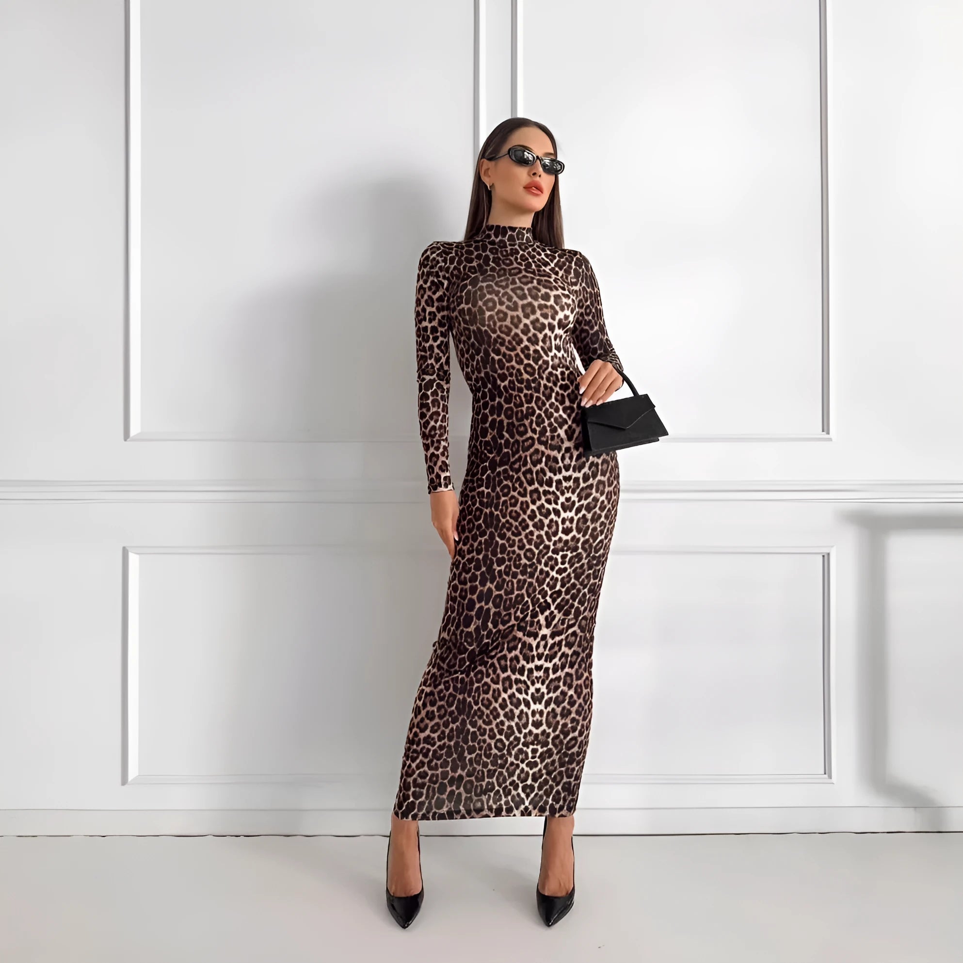 Leopard print women's long dress with stand collar and long sleeves in milk silk fabric.