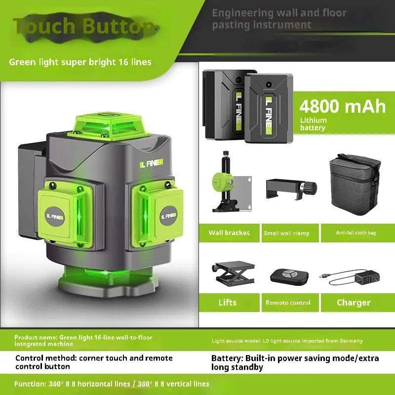 Green laser level with 16-line projection showing on a wall, with nylon and aluminium body.