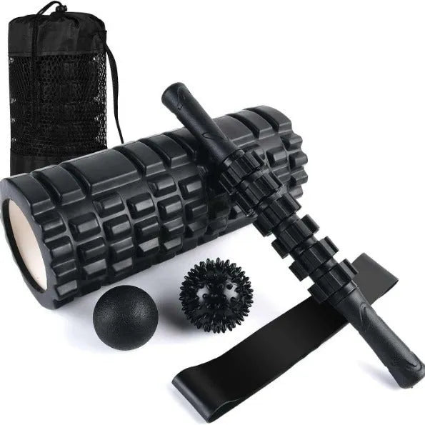 Black fitness foam roller massage stick measuring 33cm in length.